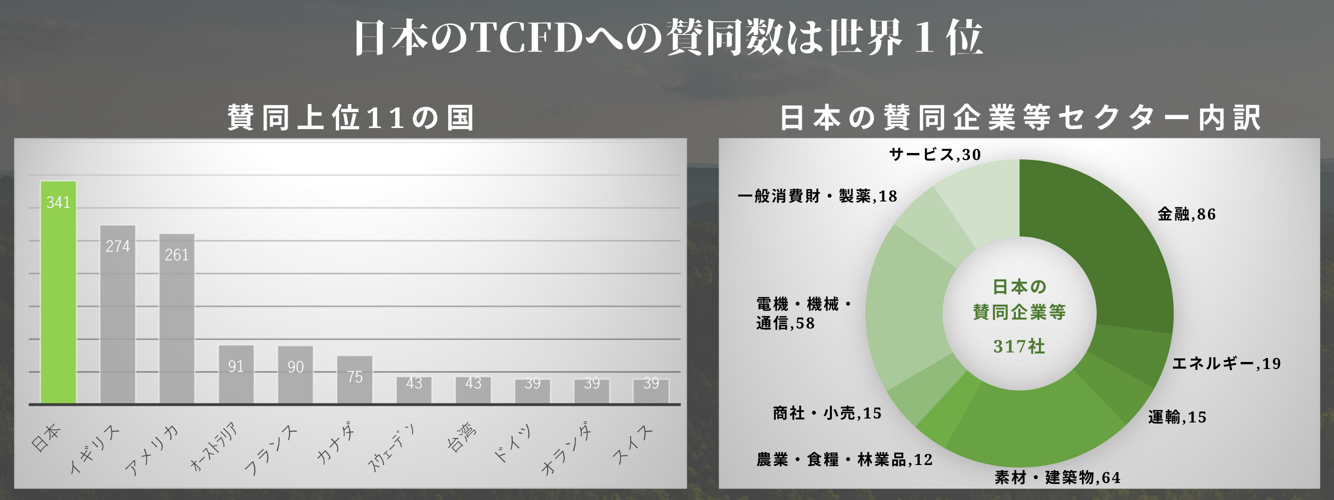 世界各国のTCFD賛同数と、日本のセクター内訳